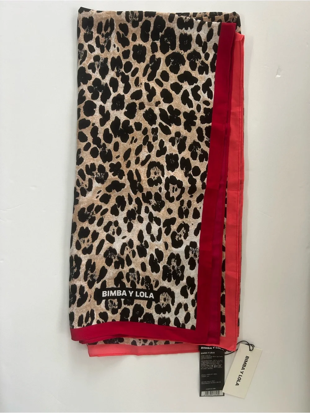 Bimba Y Lola Leopard Print Silk Scarf with Red and Pink Trim